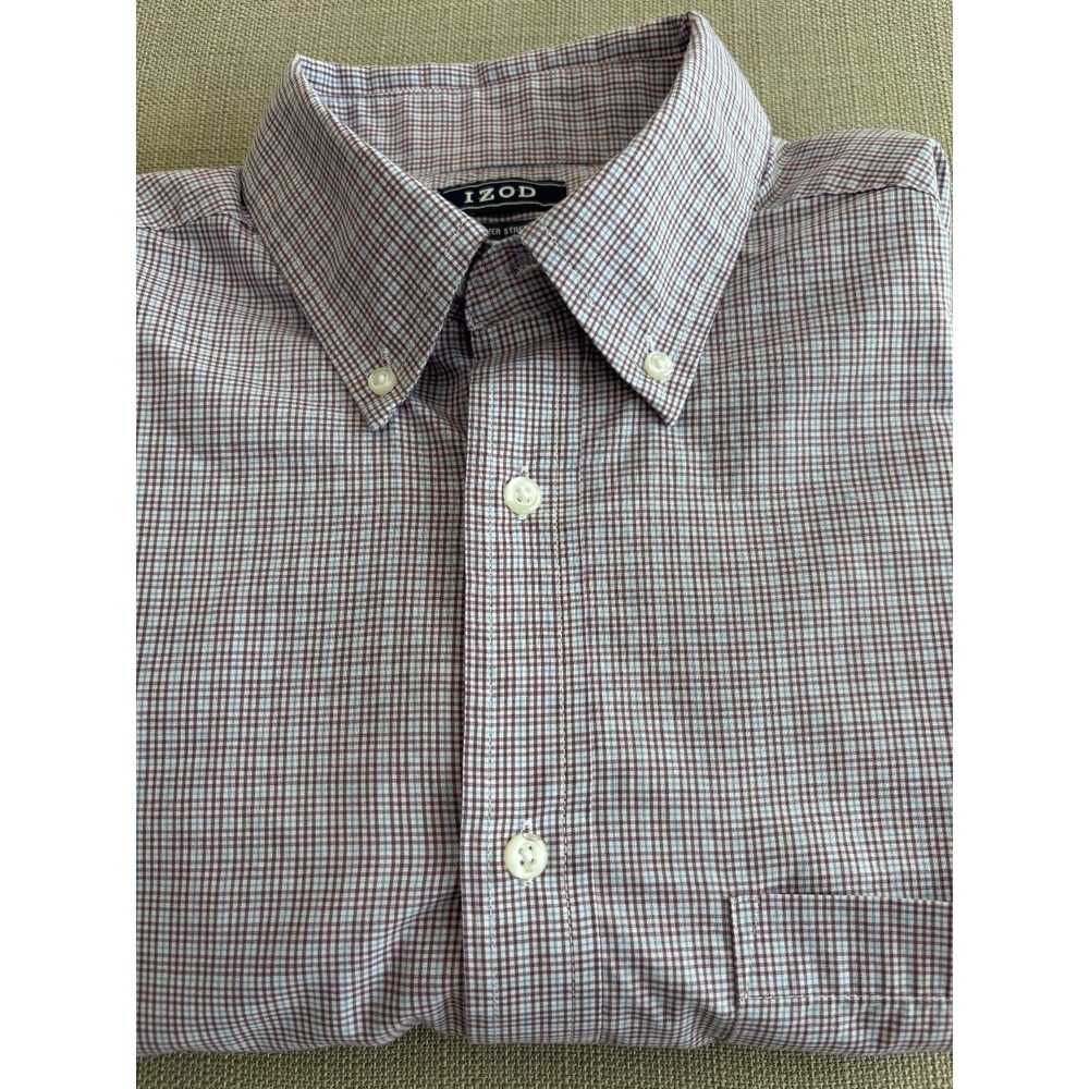 IZOD Men's Red Blue Plaid Button Down Long Sleeve Dress Shirt Sz 15-15.5 32/33